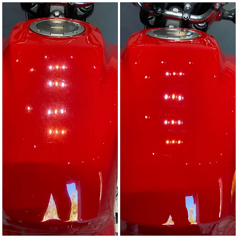 Antes e depois do polimento de tanque vermelho: pintura opaca à esquerda e com reflexo nítido à direita