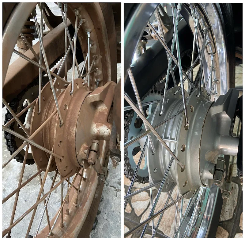 Antes e depois da roda raiada: cubo e raios oxidados à esquerda e limpos à direita