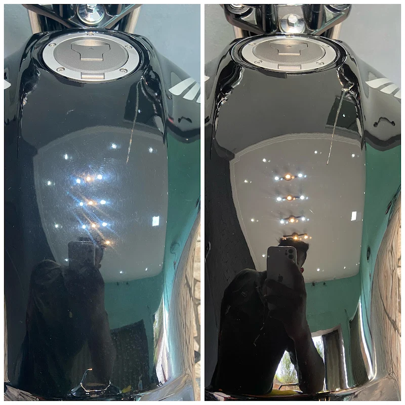 Antes e depois do polimento de tanque preto: riscos e marcas à esquerda, reflexo limpo à direita